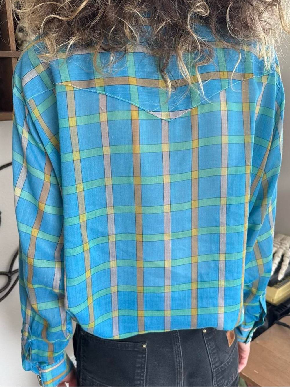 💀 SOLD 💀 Vintage 60s 70s Blue Plaid Pearl Snap Western Ely Plains ~ Size XL - Picture 3 of 8